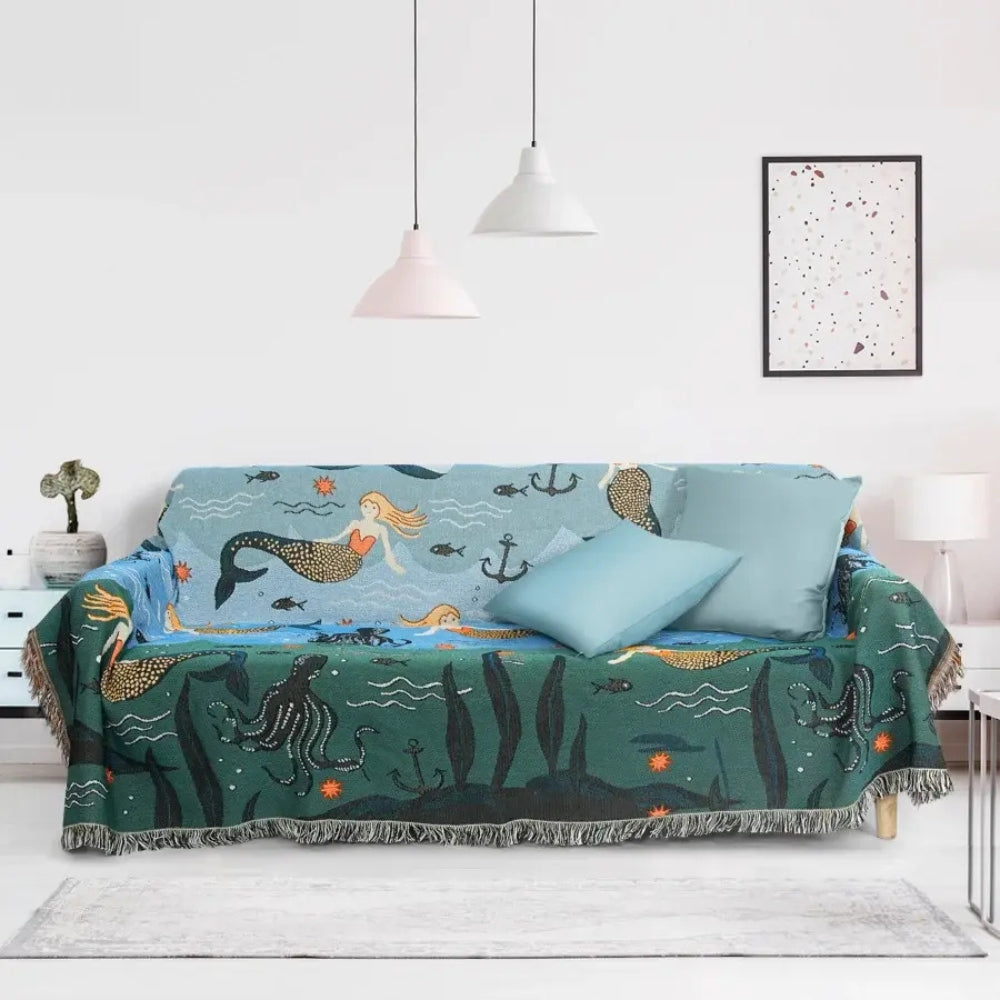 Sofa Cover Underwater Mermaid Print Cotton-Poly Machine Washable Tassels