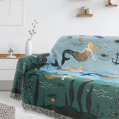 Sofa Cover Underwater Mermaid Print Cotton-Poly Machine Washable Tassels