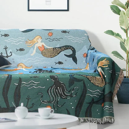 Sofa Cover Underwater Mermaid Print Cotton-Poly Machine Washable Tassels