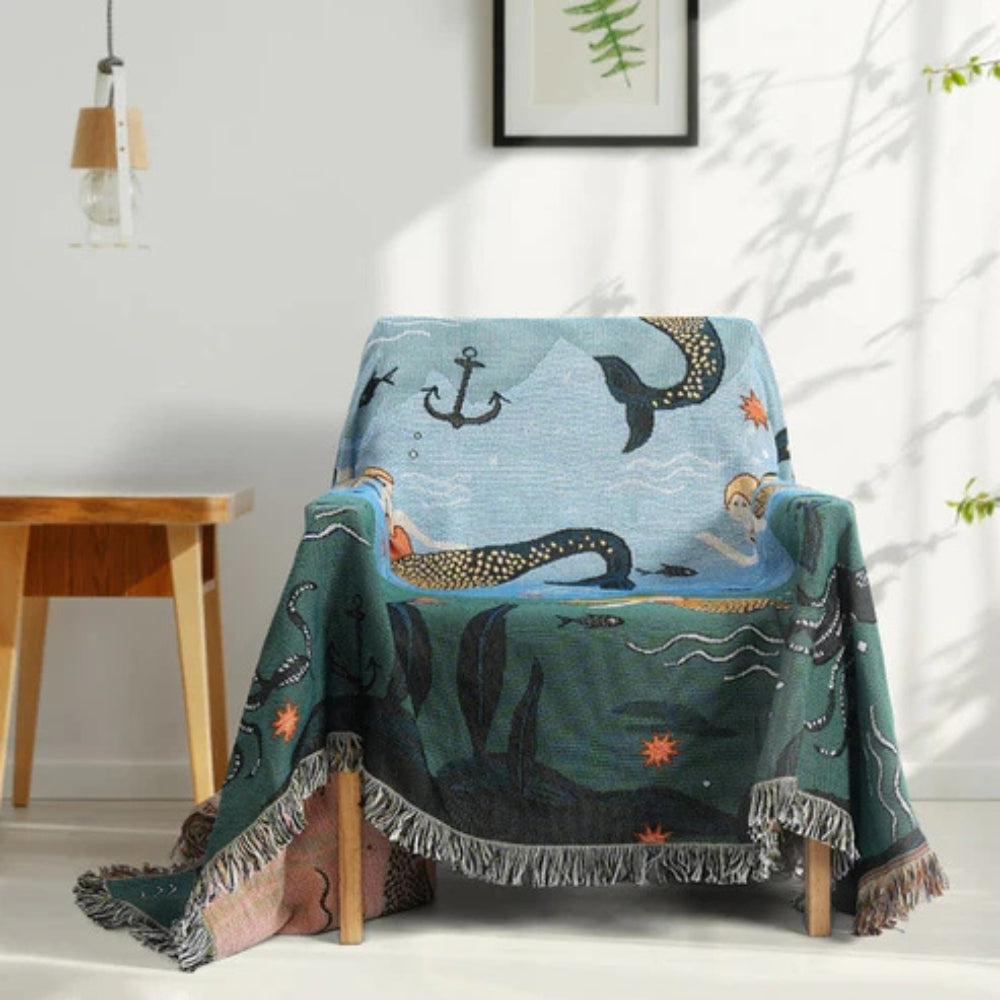 Sofa Cover Underwater Mermaid Print Cotton-Poly Machine Washable Tassels