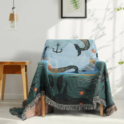 Sofa Cover Underwater Mermaid Print Cotton-Poly Machine Washable Tassels