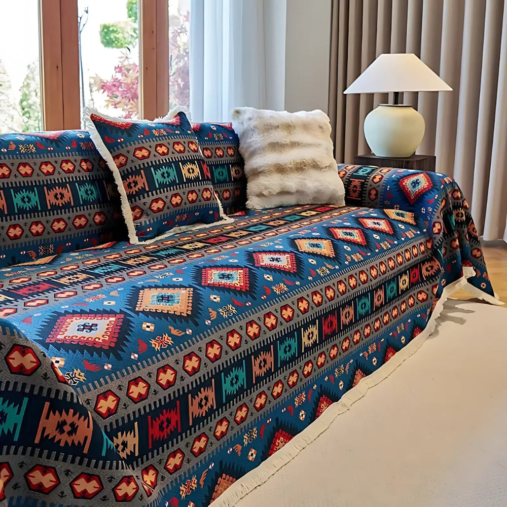 Sofa Cover Vibrant Geometric Jacquard Cotton-Linen Blend Pet-Friendly