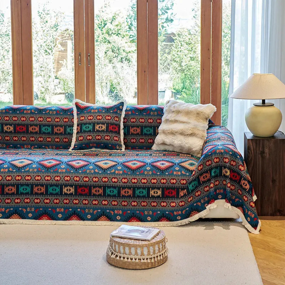 Sofa Cover Vibrant Geometric Jacquard Cotton-Linen Blend Pet-Friendly