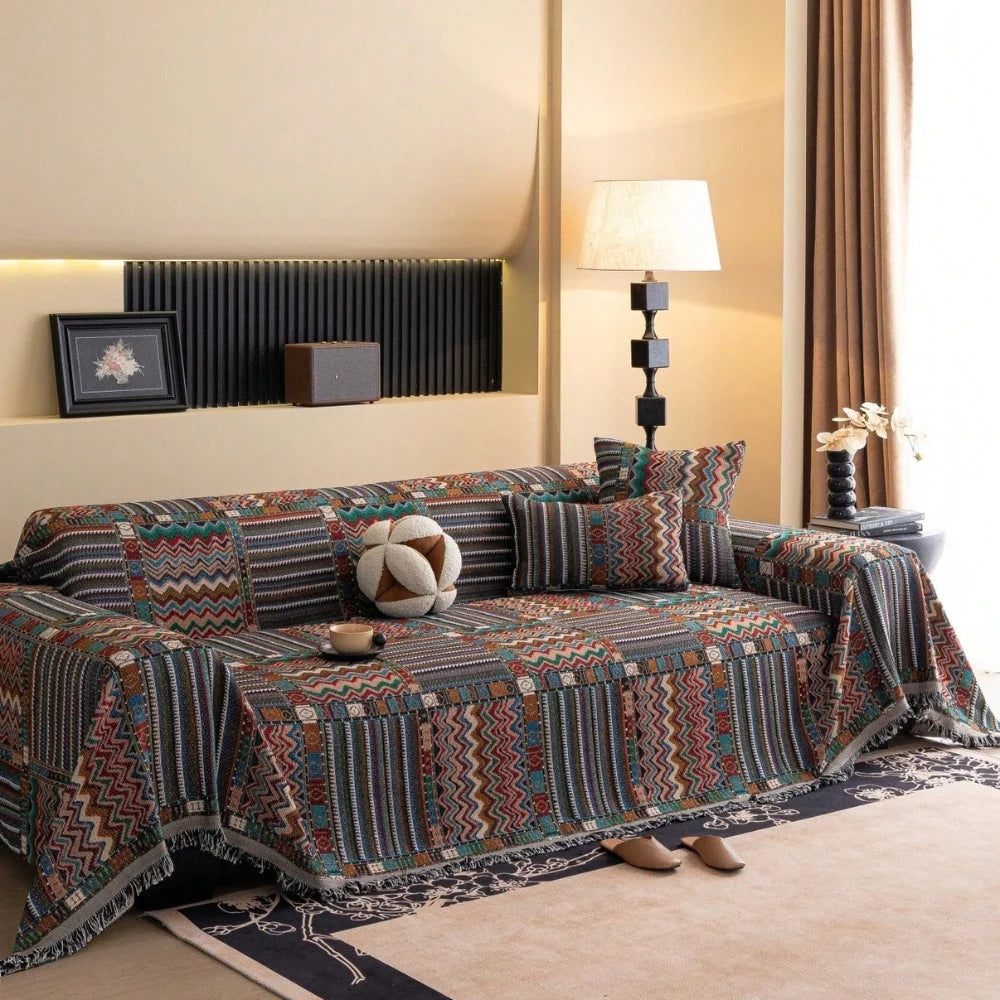 Sofa Cover Woven Chenille Boho Geometric Fade-Resistant