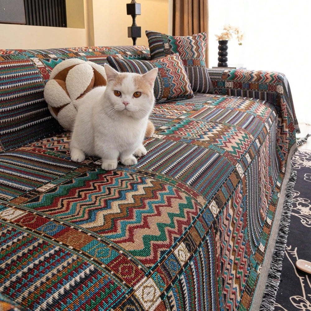 Sofa Cover Woven Chenille Boho Geometric Fade-Resistant