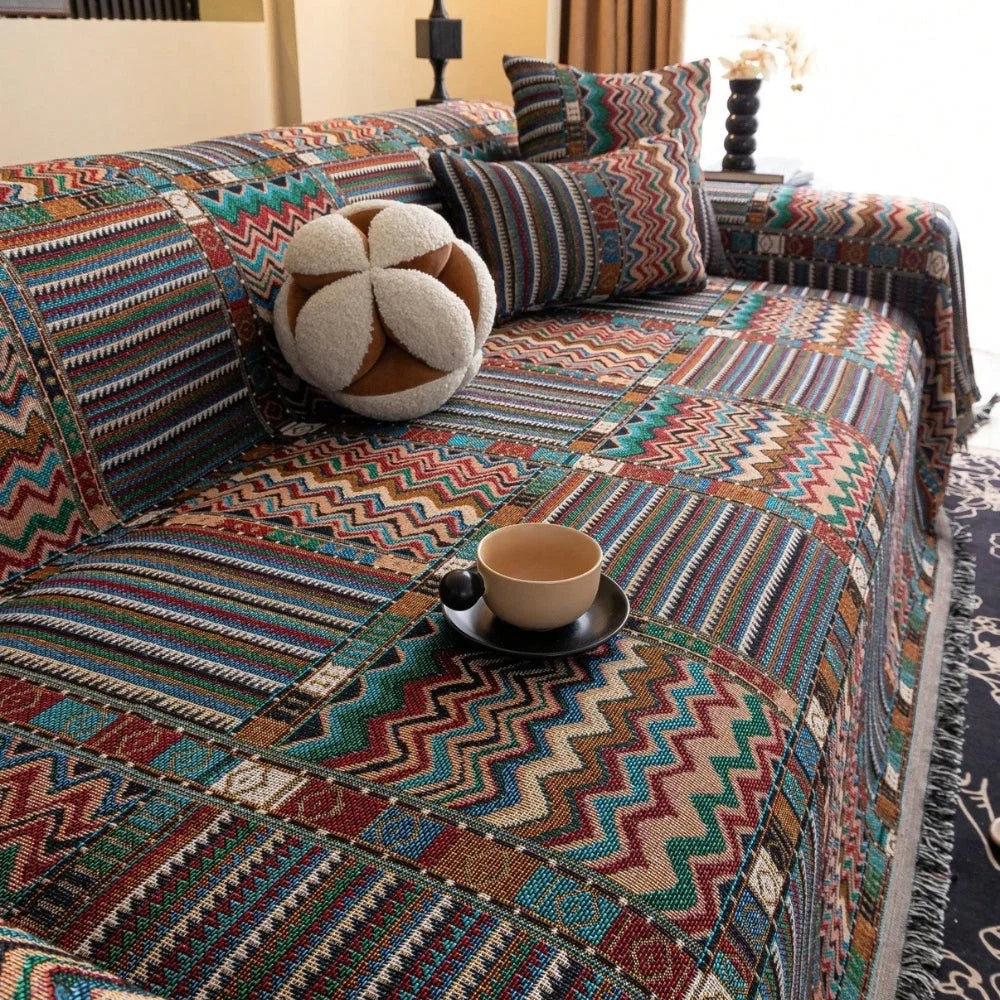 Sofa Cover Woven Chenille Boho Geometric Fade-Resistant