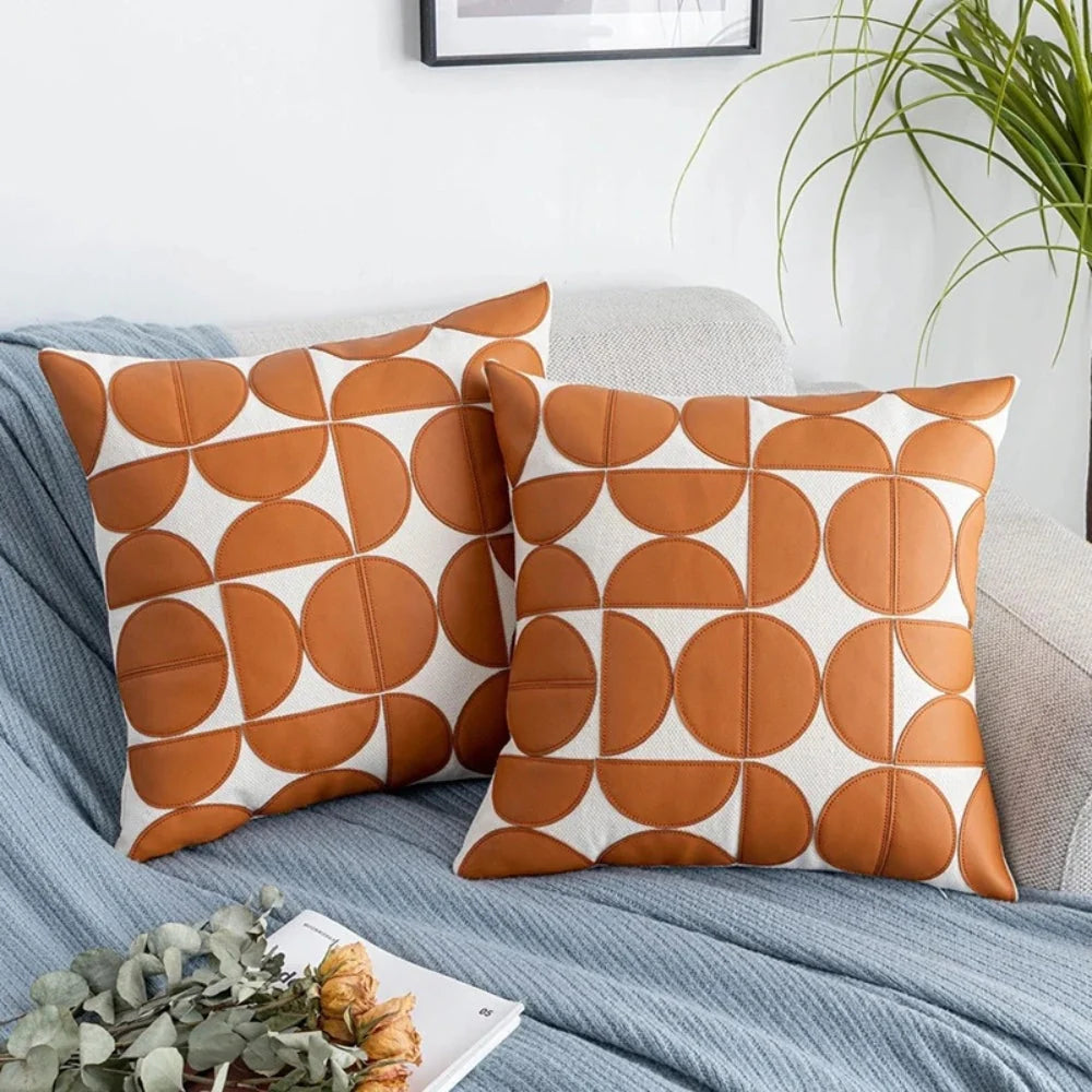 Sofa Cushion Cover Faux Leather Embroidered 18 x 18