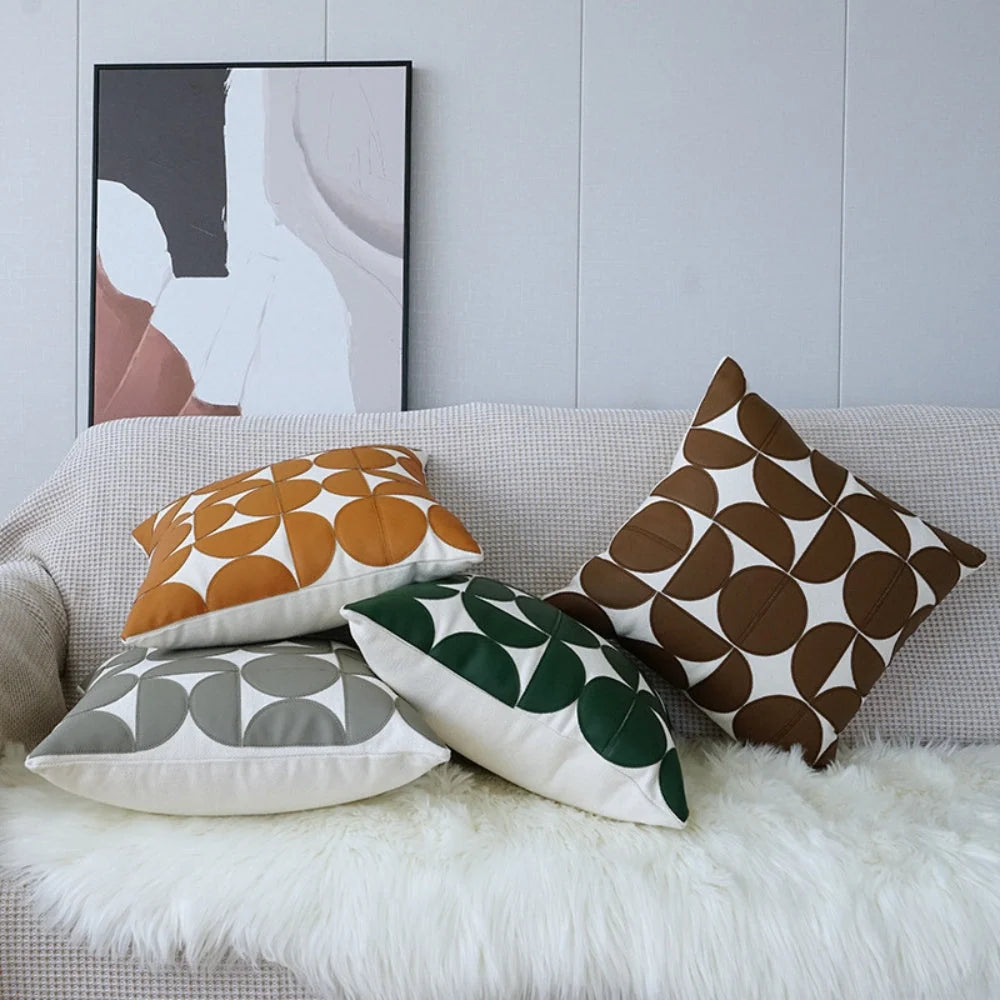 Sofa Cushion Cover Faux Leather Embroidered 18 x 18