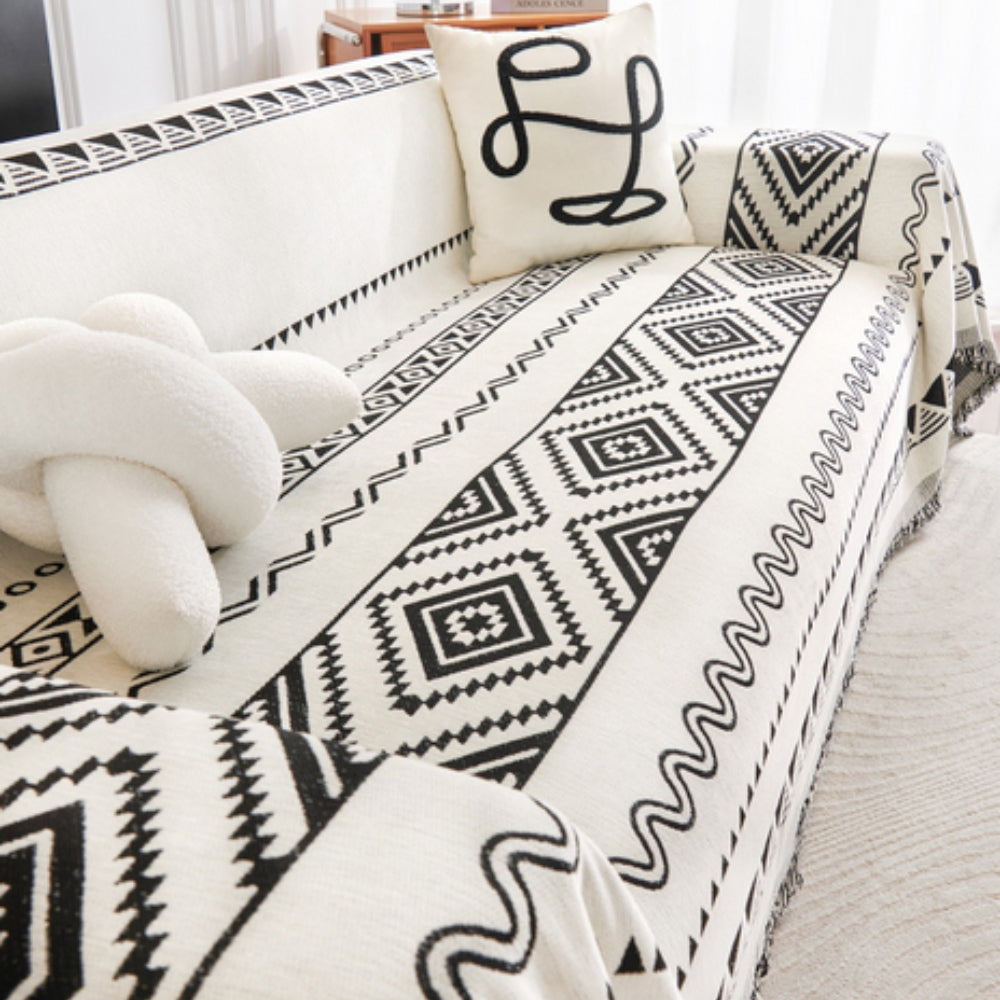 Sofa Throw Boho Geometric Jacquard Chenille Blend & Machine Washable