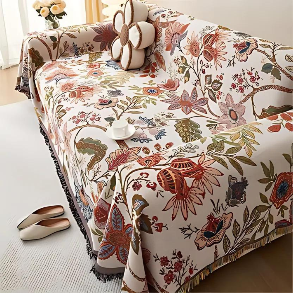 Sofa Throw Country Floral & Tassels Cotton Blend