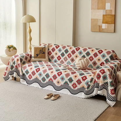 Sofa Throw Cover Earth-Tone Geometric Microfiber Blend Machine Washable