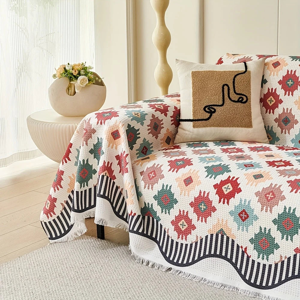 Sofa Throw Cover Earth-Tone Geometric Microfiber Blend Machine Washable