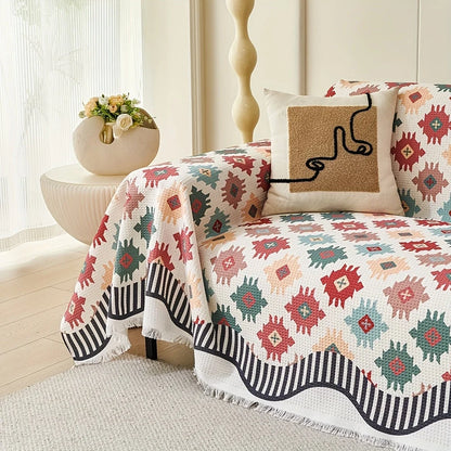 Sofa Throw Cover Earth-Tone Geometric Microfiber Blend Machine Washable