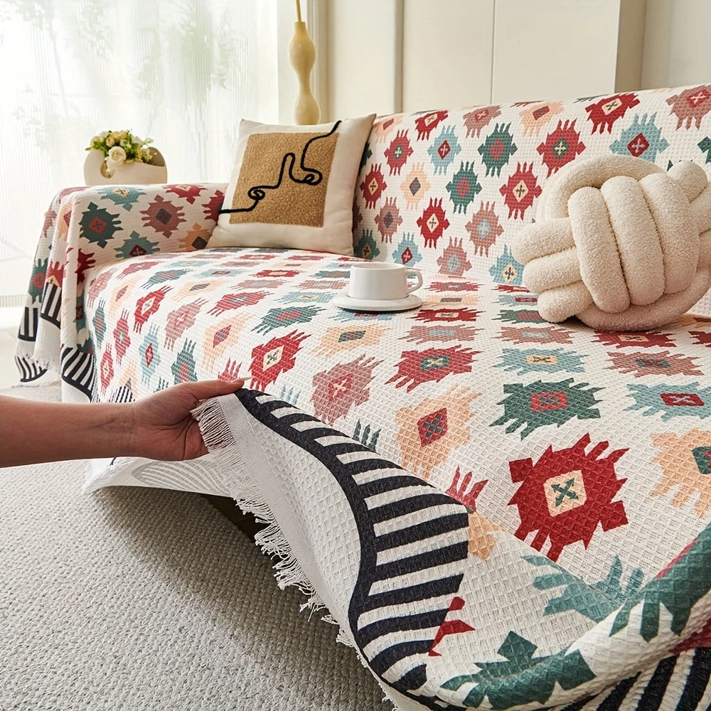 Sofa Throw Cover Earth-Tone Geometric Microfiber Blend Machine Washable