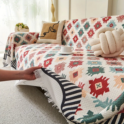 Sofa Throw Cover Earth-Tone Geometric Microfiber Blend Machine Washable