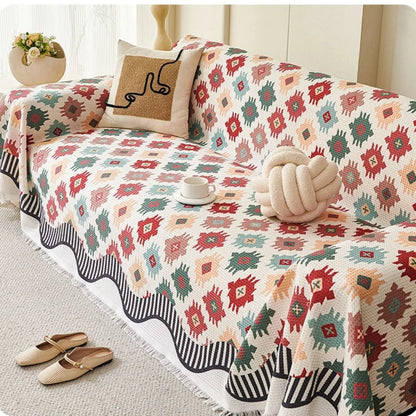 Sofa Throw Cover Earth-Tone Geometric Microfiber Blend Machine Washable