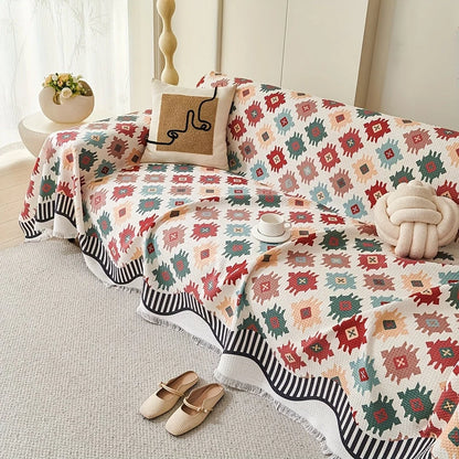 Sofa Throw Cover Earth-Tone Geometric Microfiber Blend Machine Washable