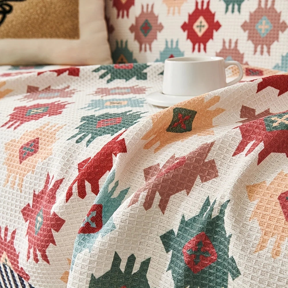 Sofa Throw Cover Earth-Tone Geometric Microfiber Blend Machine Washable