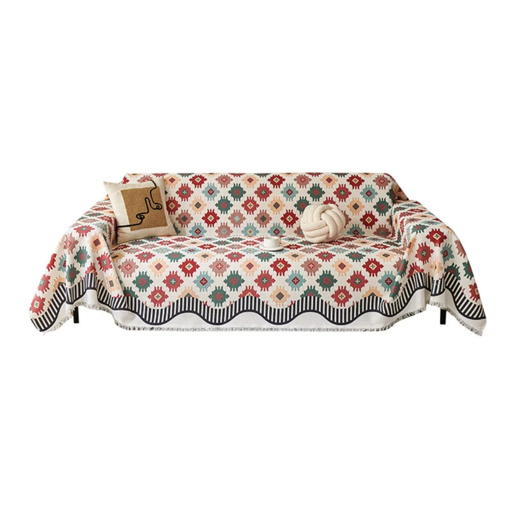 Sofa Throw Cover Earth-Tone Geometric Microfiber Blend Machine Washable