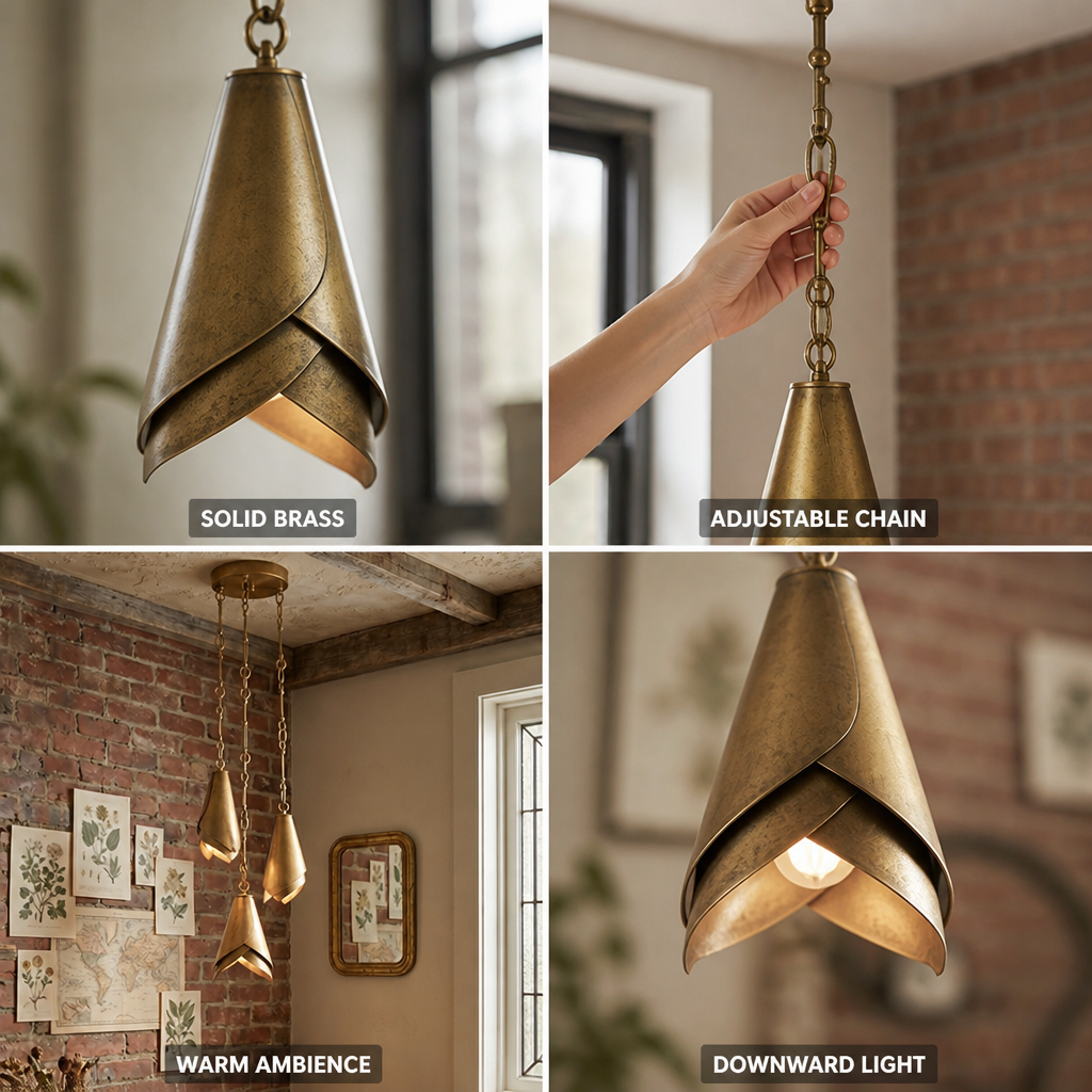 Solid Brass Folded Shade Pendant Light (Adjustable Chain)