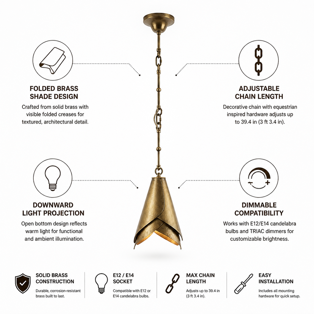 Solid Brass Folded Shade Pendant Light (Adjustable Chain)