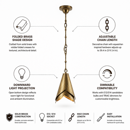 Solid Brass Folded Shade Pendant Light (Adjustable Chain)