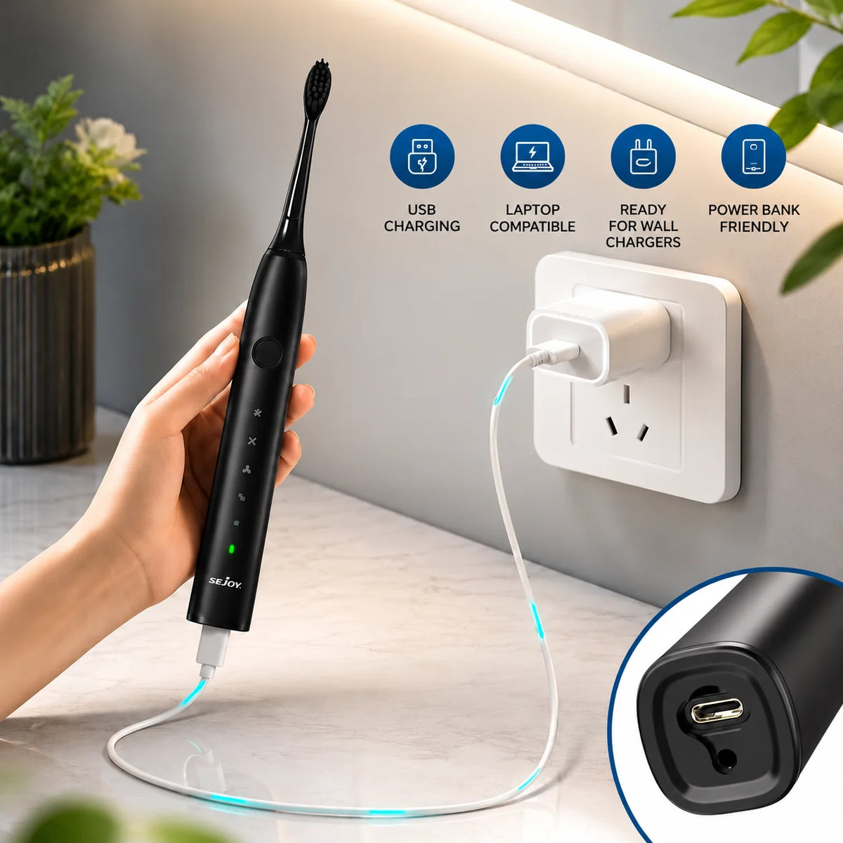 Sonic Toothbrush 5 Modes USB Rechargeable 8 Replacement Heads