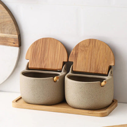 Spice Jar Set Ceramic Bamboo Lids Wooden Tray