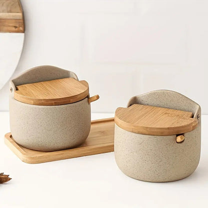 Spice Jar Set Ceramic Bamboo Lids Wooden Tray