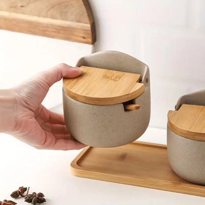 Spice Jar Set Ceramic Bamboo Lids Wooden Tray