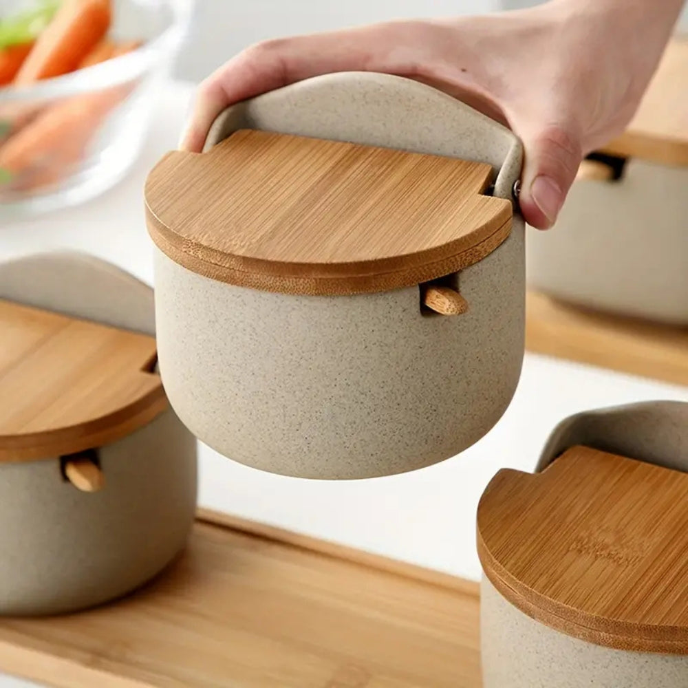 Spice Jar Set Ceramic Bamboo Lids Wooden Tray