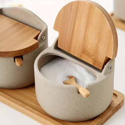 Spice Jar Set Ceramic Bamboo Lids Wooden Tray