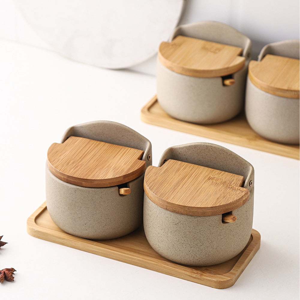 Spice Jar Set Ceramic Bamboo Lids Wooden Tray
