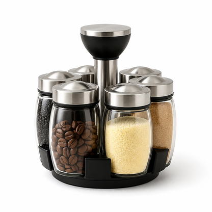 Spice Jar Set Rotating Base 6 Glass Jars