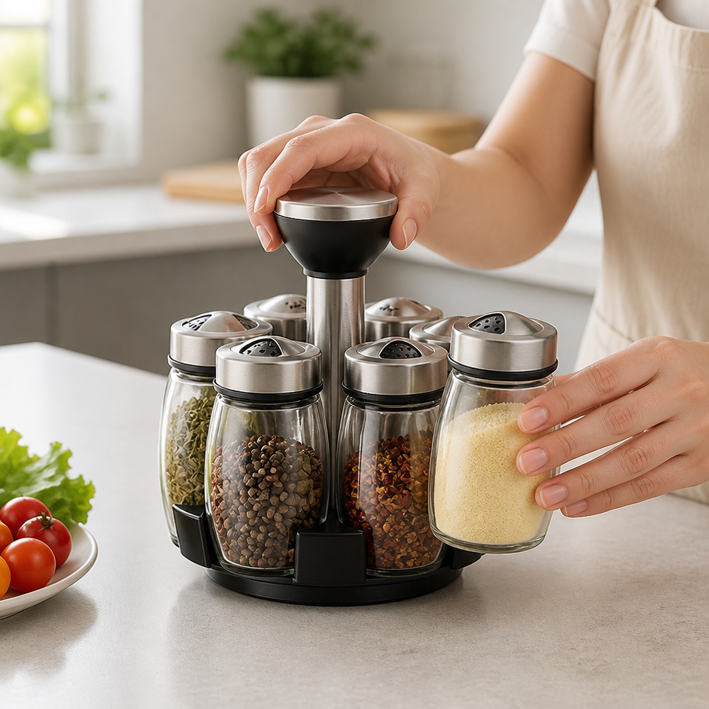 Spice Jar Set Rotating Base 6 Glass Jars