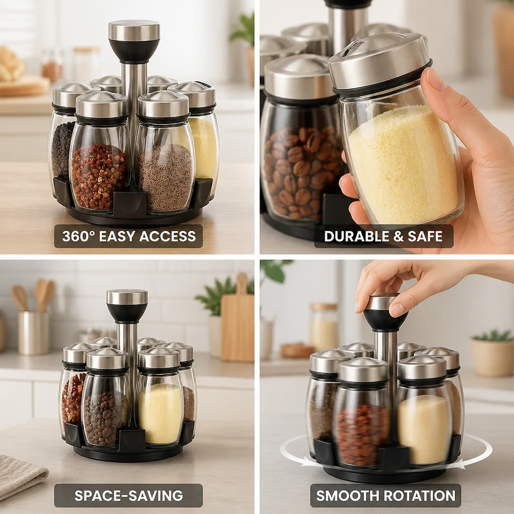 Spice Jar Set Rotating Base 6 Glass Jars