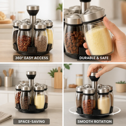 Spice Jar Set Rotating Base 6 Glass Jars