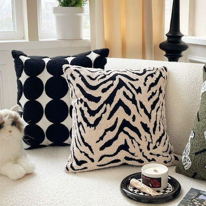 Square Cushion Cover Embroidered White Tiger Stripe Washable