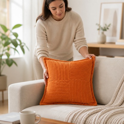 Square Pillow Cover Striped Patchwork Stain-Repellent & Zipper Closure
