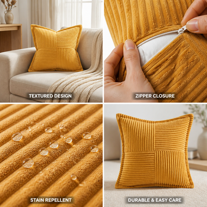 Square Pillow Cover Striped Patchwork Stain-Repellent & Zipper Closure