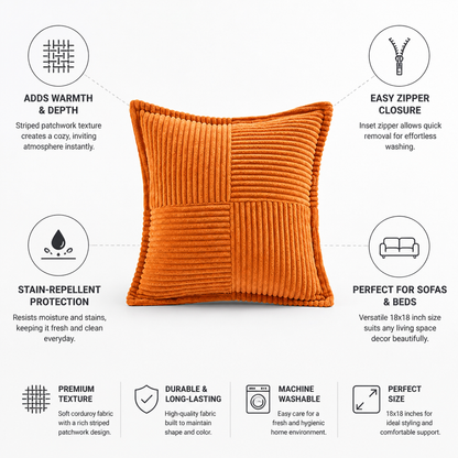 Square Pillow Cover Striped Patchwork Stain-Repellent & Zipper Closure