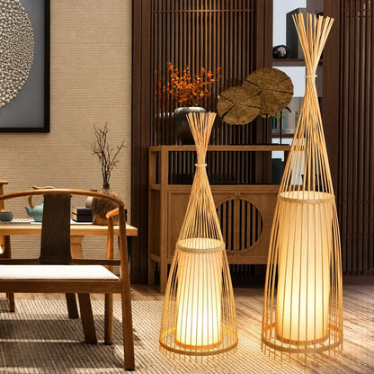 Standing Floor Lamp Woven Bamboo Shade Remote Control