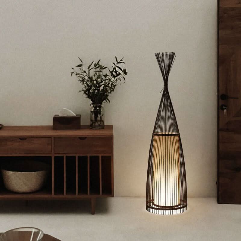 Standing Floor Lamp Woven Bamboo Shade Remote Control