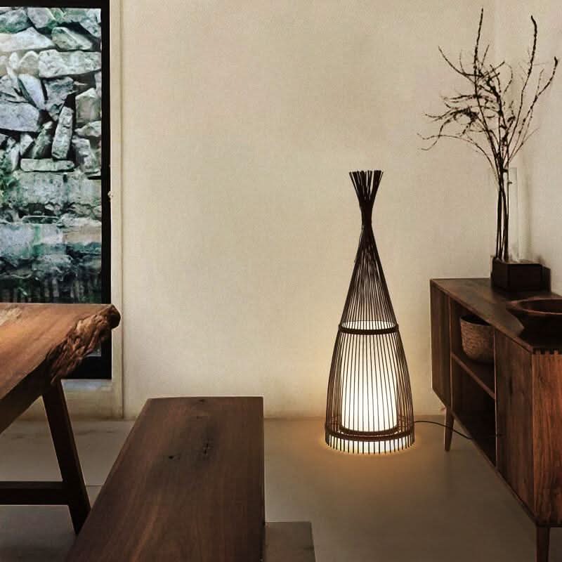 Standing Floor Lamp Woven Bamboo Shade Remote Control