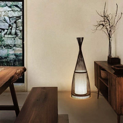 Standing Floor Lamp Woven Bamboo Shade Remote Control