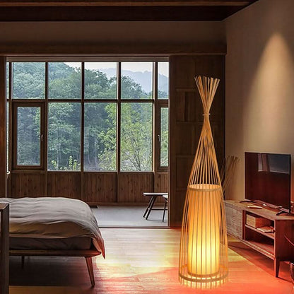 Standing Floor Lamp Woven Bamboo Shade Remote Control