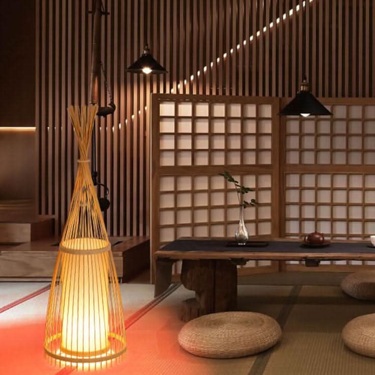 Standing Floor Lamp Woven Bamboo Shade Remote Control