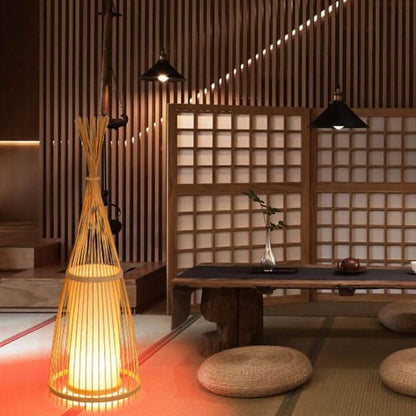 Standing Floor Lamp Woven Bamboo Shade Remote Control