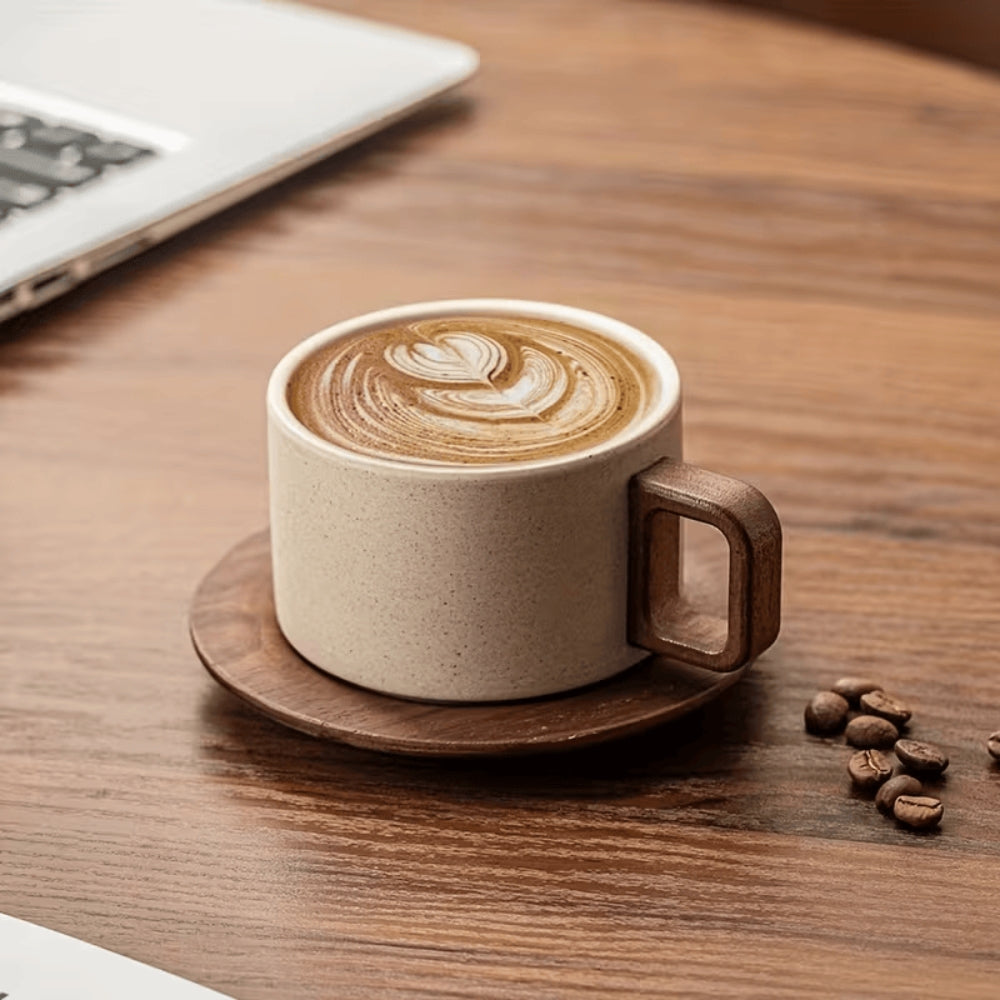 Stoneware Mug Wooden Handle Microwave Safe 250 ml