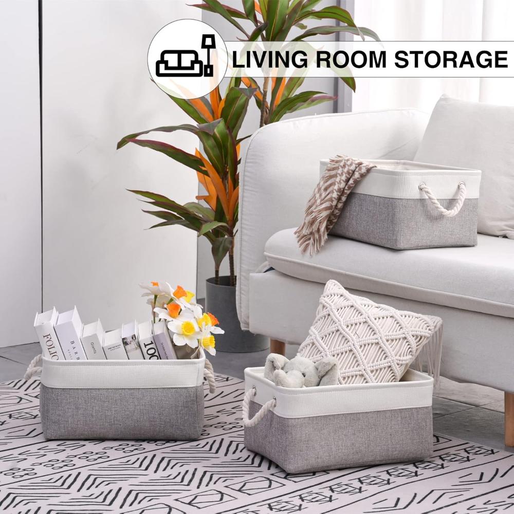 Storage Basket Foldable Cotton Linen Rope Handles